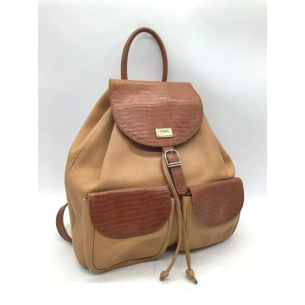 Gianfranco Ferre Distressed Leather Reptile Accent Drawstring Backpack